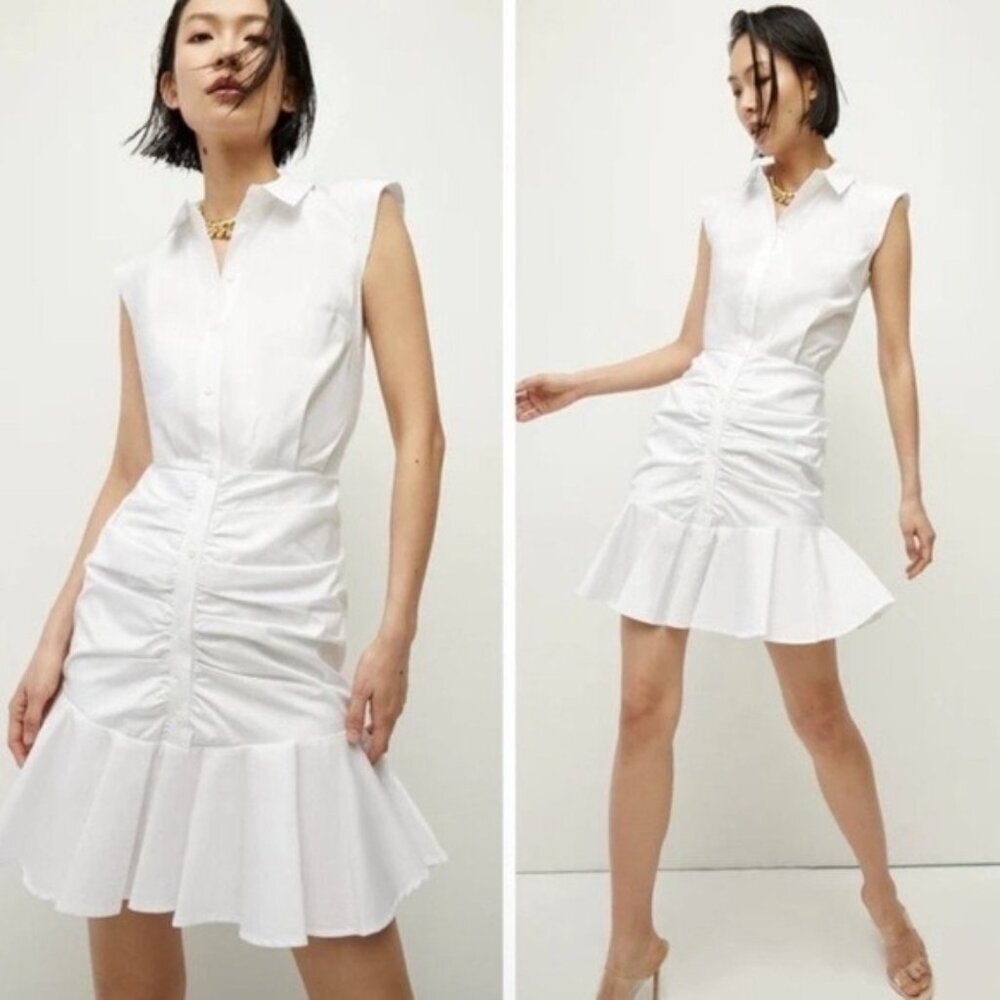 Veronica Beard Corescape Ruched Shirt Dress Size 0 White Mini Sleeveless Poplin